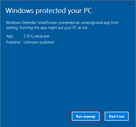 Windows 10 warning alert box after clicking "More info"